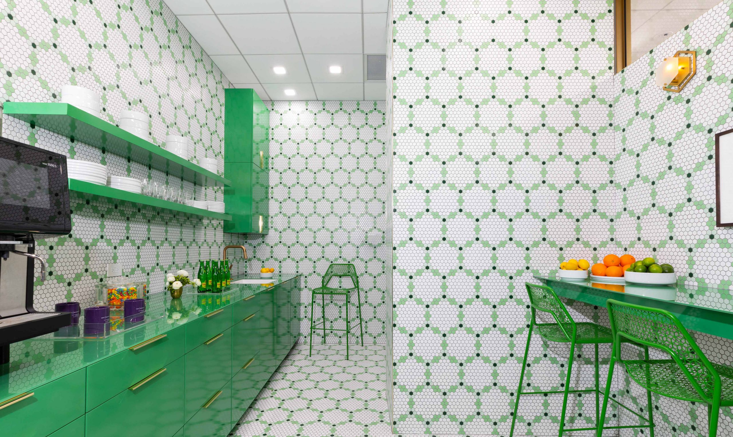 tiled kitchen with green and white accents - Creative Tonic