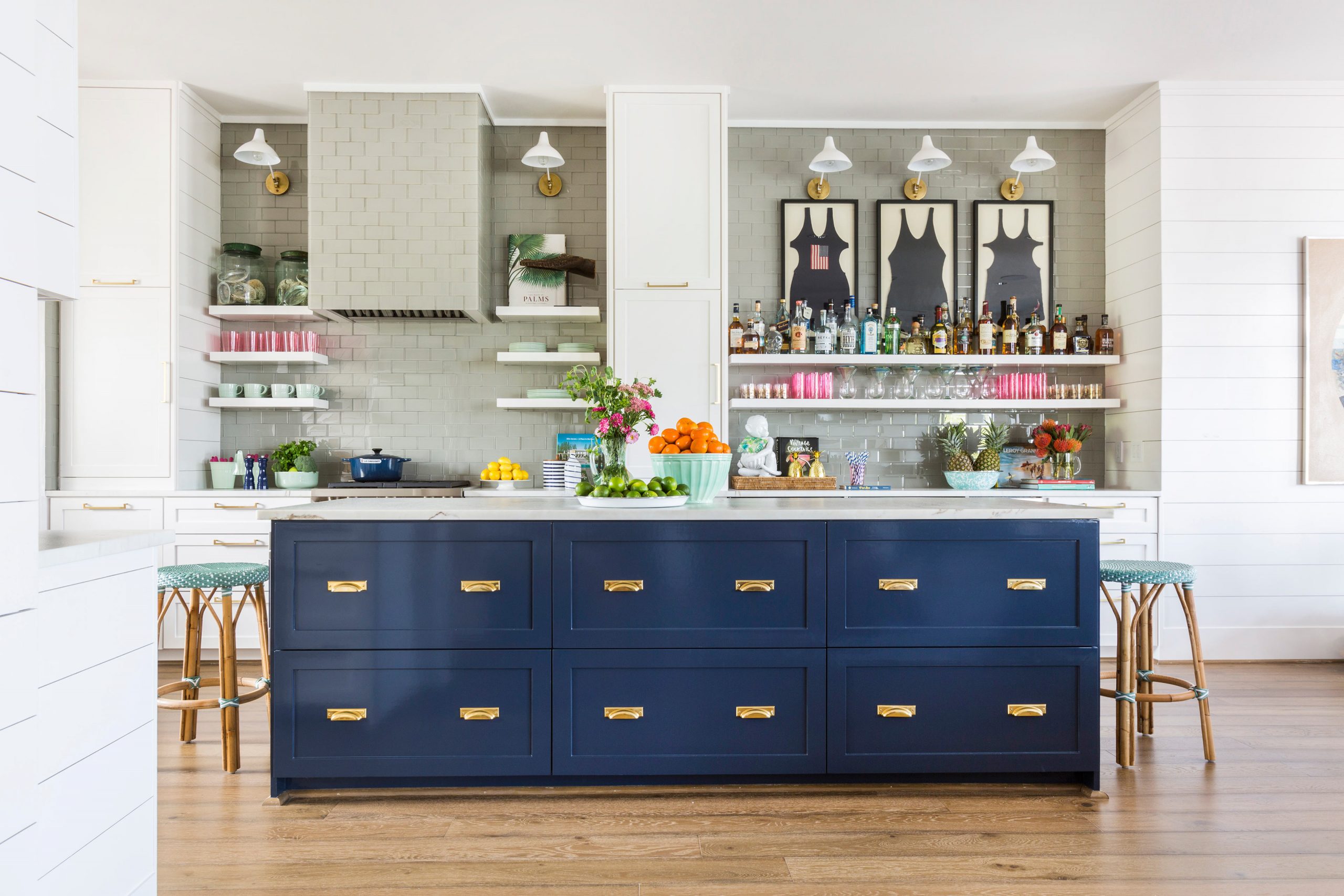 beach kitchen with wood floors and blue island - Creative Tonic