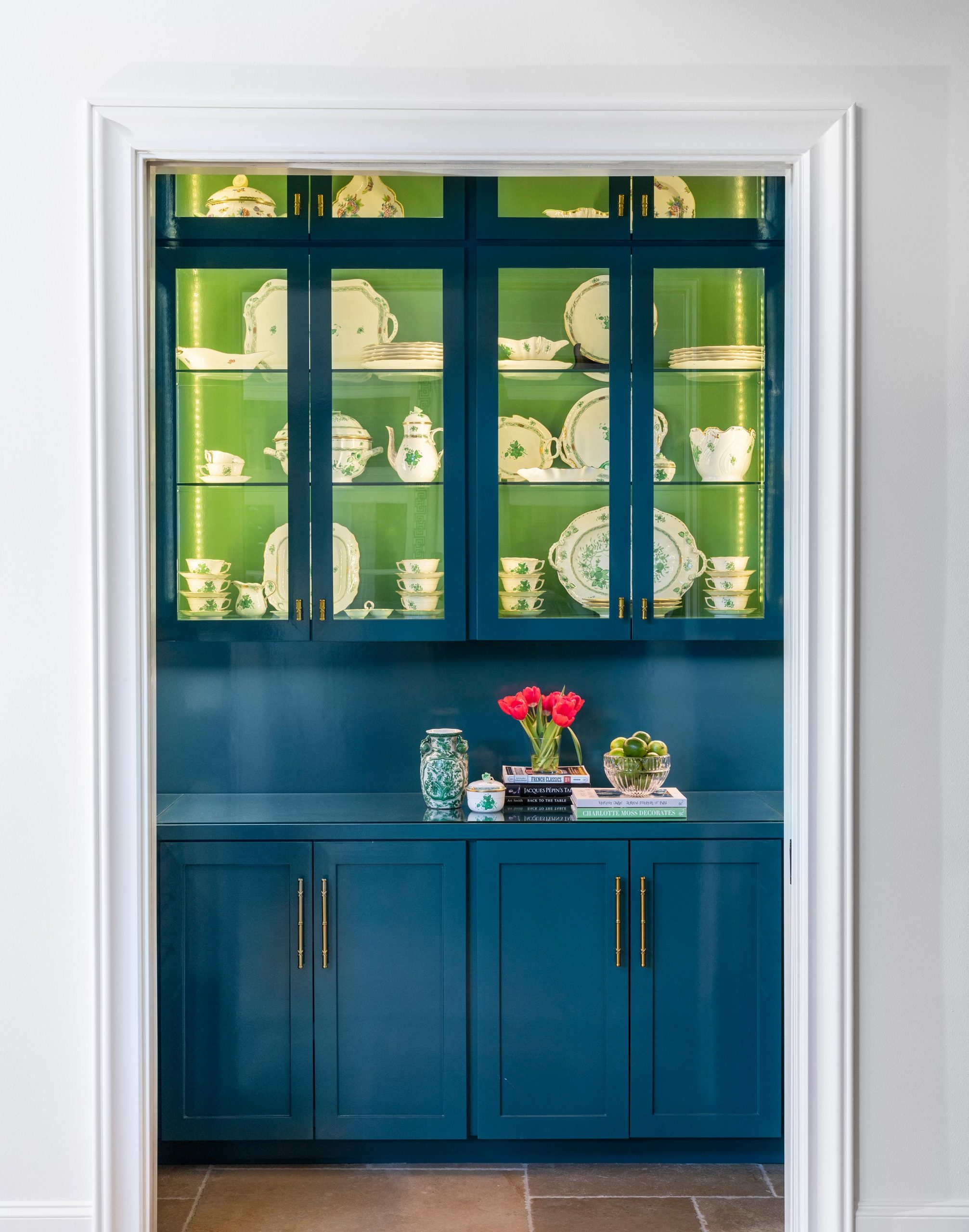 blue pantry with green cabinet interiors - Creative Tonic