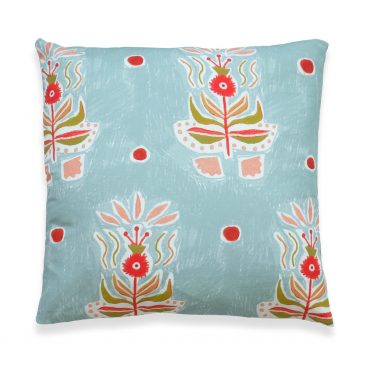 Light Blue Pillow with Red and Peach Print
