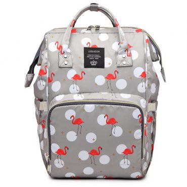 Grey and pink flamingo print backpack diaper bag