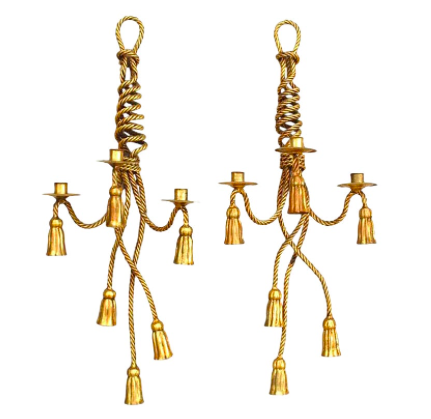 Art Moderne Rope and Tassel Design Three-Arm Wall Sconces - a Pair