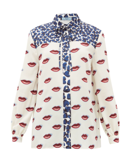 White hearts and lip print silk blouse