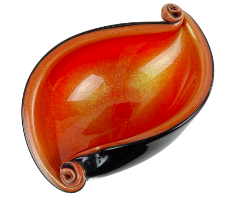 vintage black orange gold Flecks Italian Art Glass Mid Century Scroll Shell Bowl