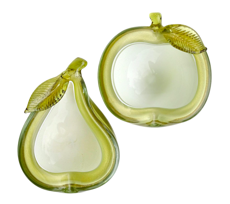 Barbini Murano Vintage Green Apple Pear Gold Flecks Italian Art Glass Mid Century Fruit Bowls