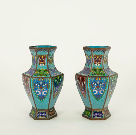 Pair 1920s Chinese Cloisonné Eye Vases