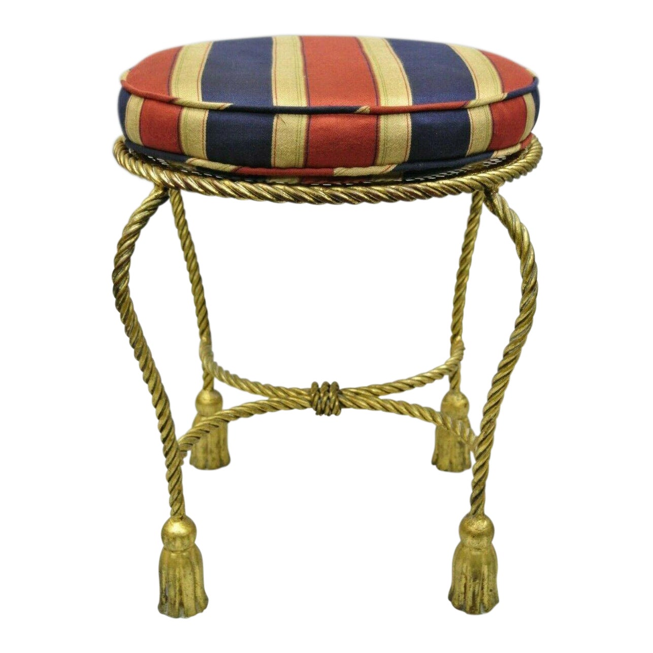 Vintage Mid Century Italian Hollywood Regency Gold Gilt Rope Tassel Tole Metal Vanity Stool