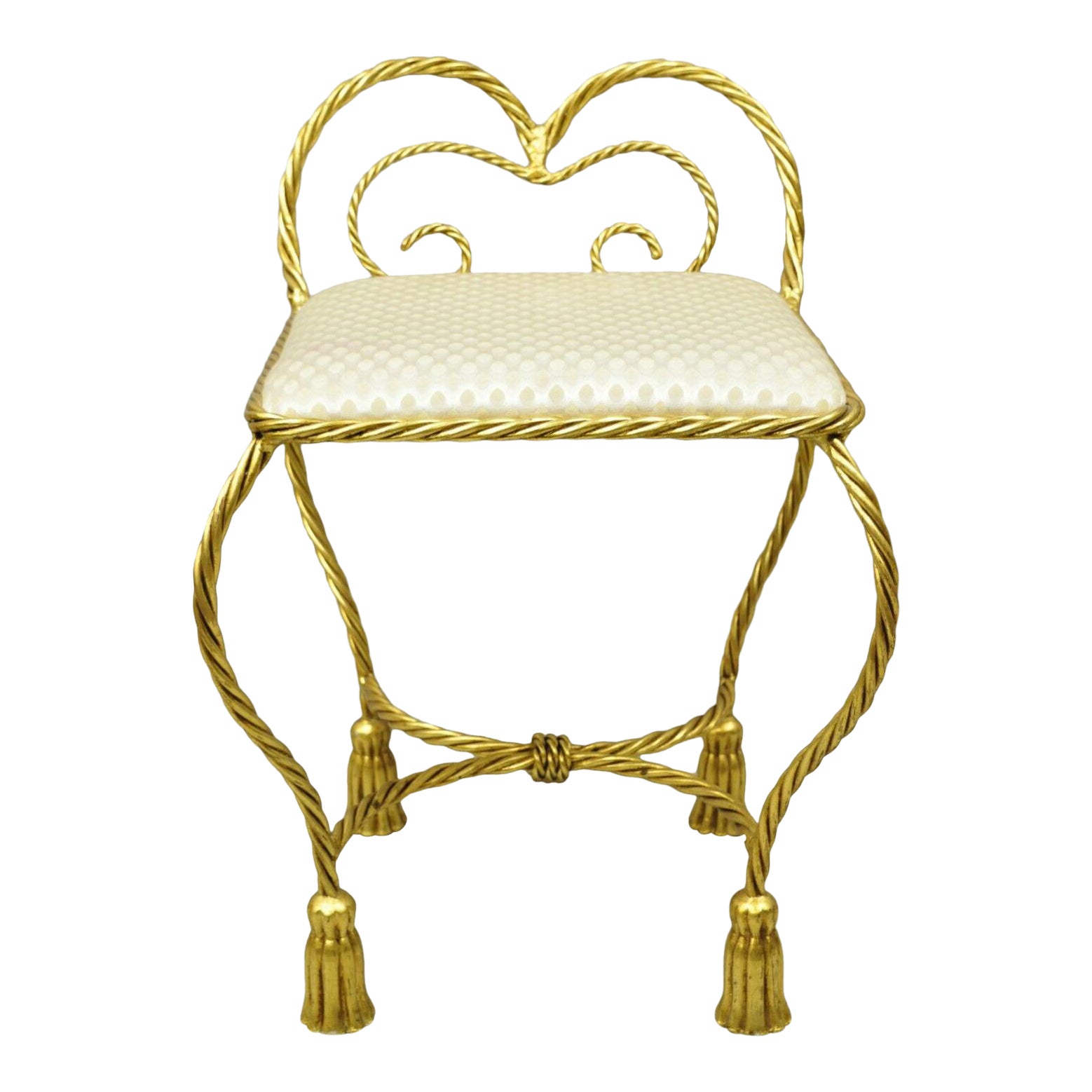 20th C. Italian Hollywood Regency Gold Gilt Iron Rope Tassel Small Vanity Chair