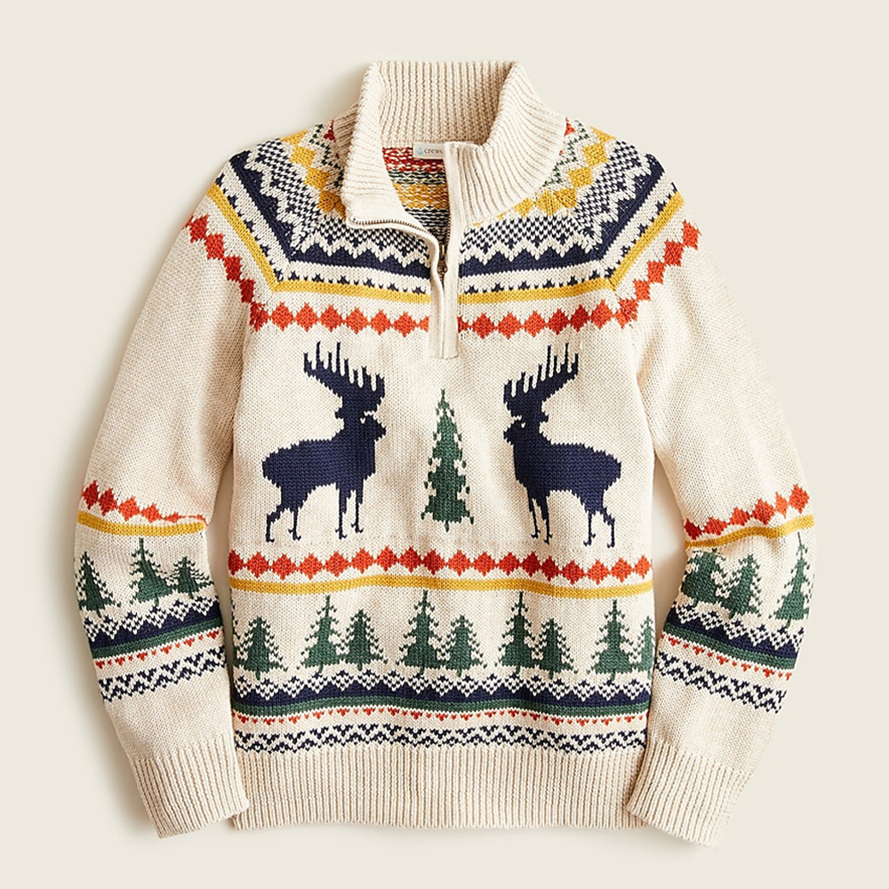 Kids' moose Fair Isle half-zip sweater