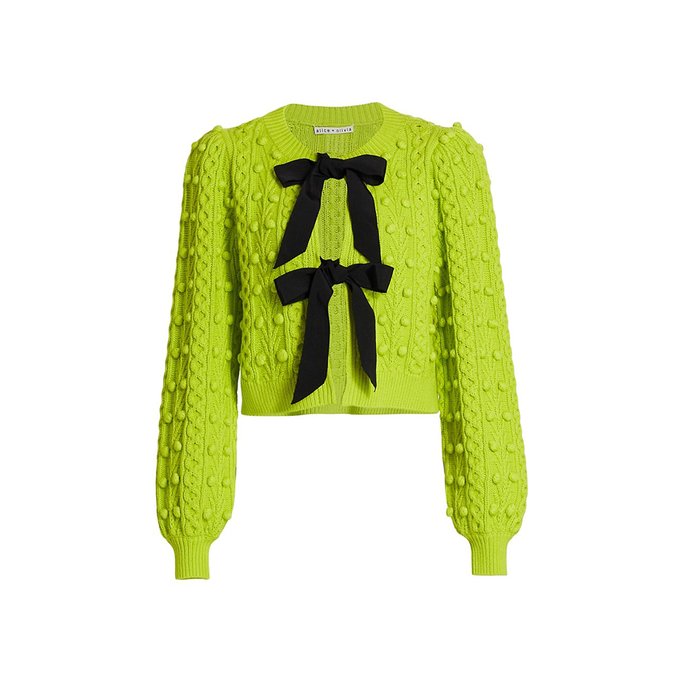 Alice + Olivia Kitty Bow Puff-Sleeve Cardigan