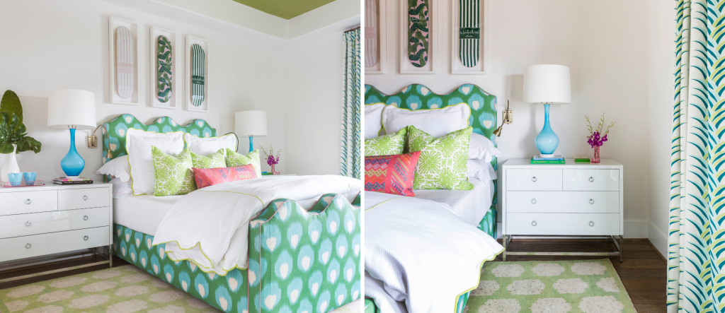 Beach House Bedroom with Custom Upholstered Bed with Wavy Headboard and Footboard by Creative Tonic