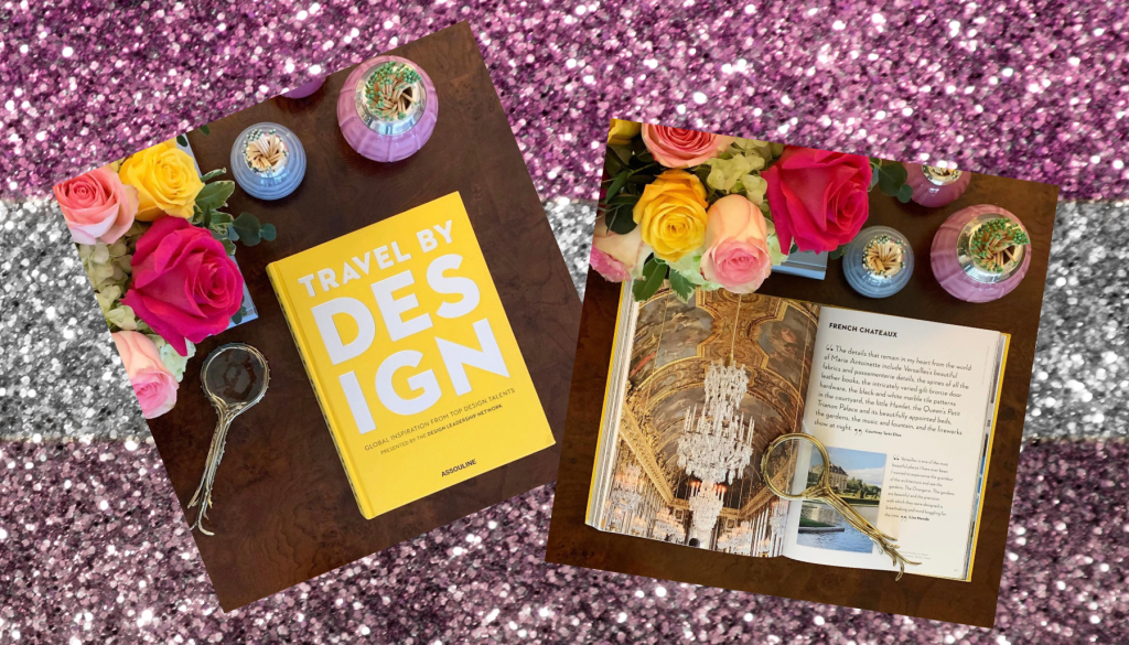 Images of Yellow Travel By Design Book against glitter background