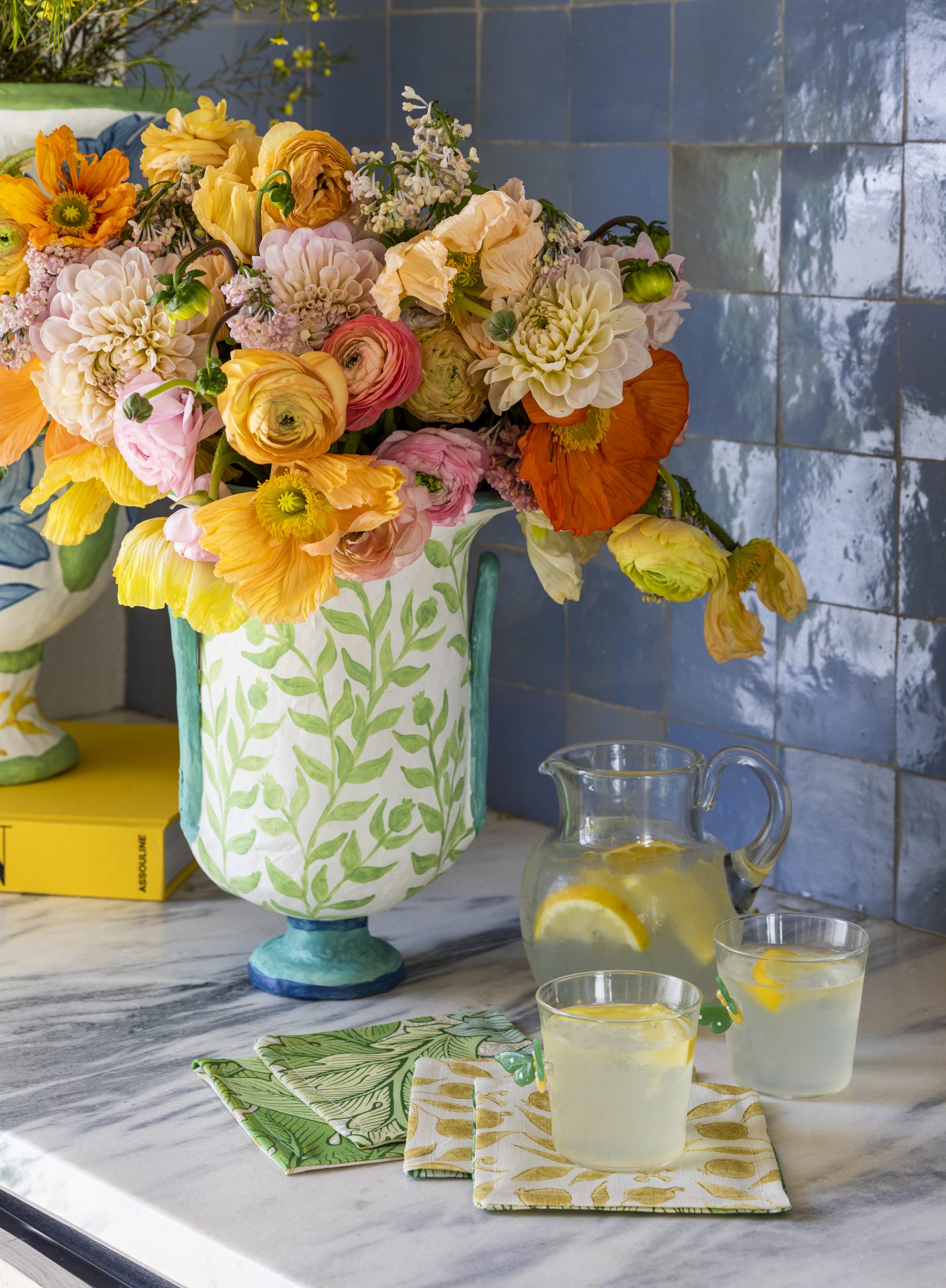 Hand painted vase with flowers and fabric coasters